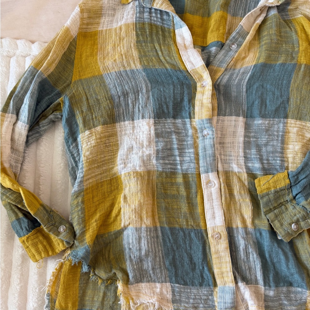 LA MIEL Checkered Shirt in Mustard and Teal - Picture 3 of 5